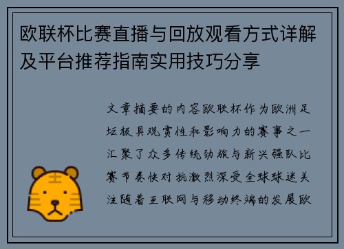 欧联杯比赛直播与回放观看方式详解及平台推荐指南实用技巧分享